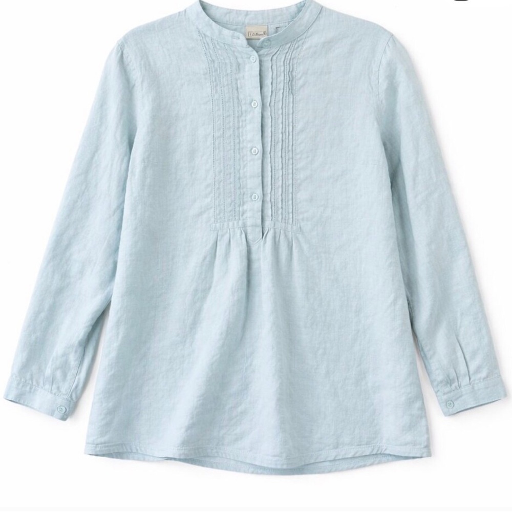 L.L. Bean Linen Blouse Aqua Blue Green PIntuck Top Long Sleeve Large